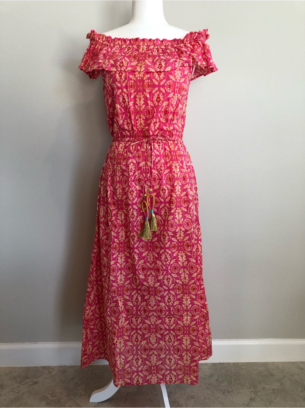 Nwt Thml Anthropologie Off-Shoulder Pink Patterned Maxi Dress Tassel Tie Small